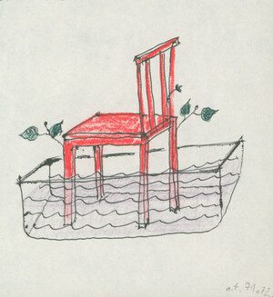 o. T. (roter Stuhl mit grünen Blättern in Wanne)