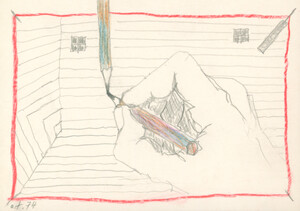 o. T. (bleistifthaltende Hand zeichnet einen Bleistift)