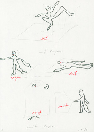 Blatt Papier mit Zeichnungen: auf Papier mit Papier 1), wegen Papier 2), trotz Papier 3)