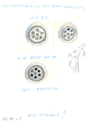 zähneputzen und dann zugucken, wie er ein auge nach dem anderen aufschlägt (22.11.88)