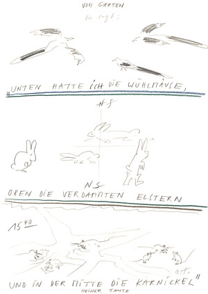 "unten hatte ich die wühlmäuse, oben die verdammten elstern und in der mitte die karnickel" vom garten sie sagt meiner tante (15:40 Uhr, 11.6.89)